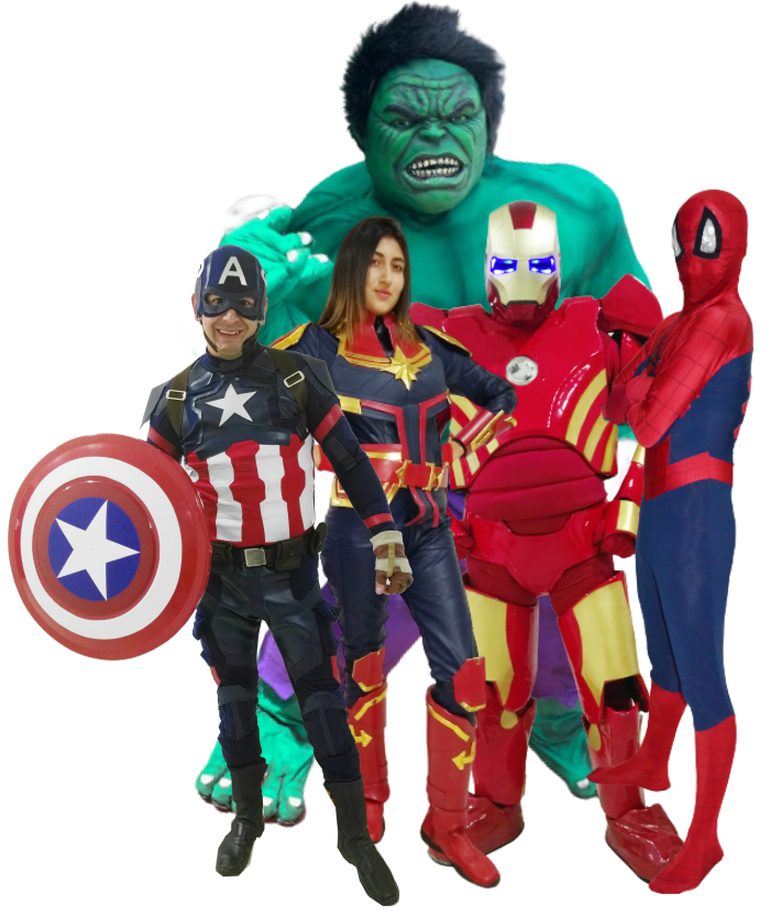 fiestas infantiles bogota recreacionistas personajes superheroes hulk ironman capitana marvel capitan america spiderman animacion show personajes superheroes